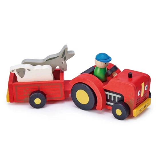 Fajáték Traktor pótkocsival rajta állatokkal- Tender Leaf Toys