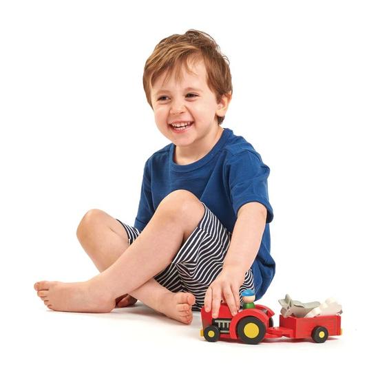 Fajáték Traktor pótkocsival rajta állatokkal- Tender Leaf Toys